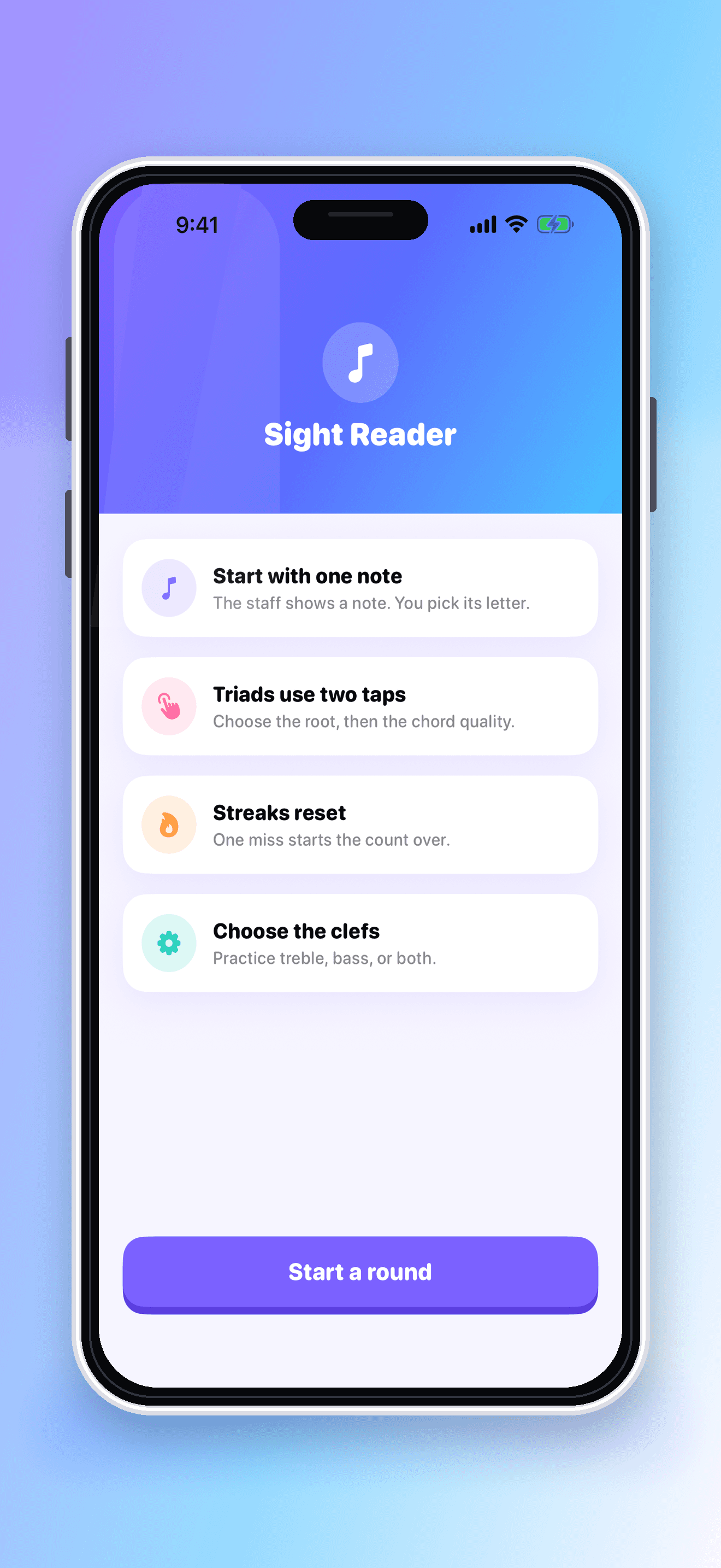 Sight Reader onboarding screen inside an iPhone frame.