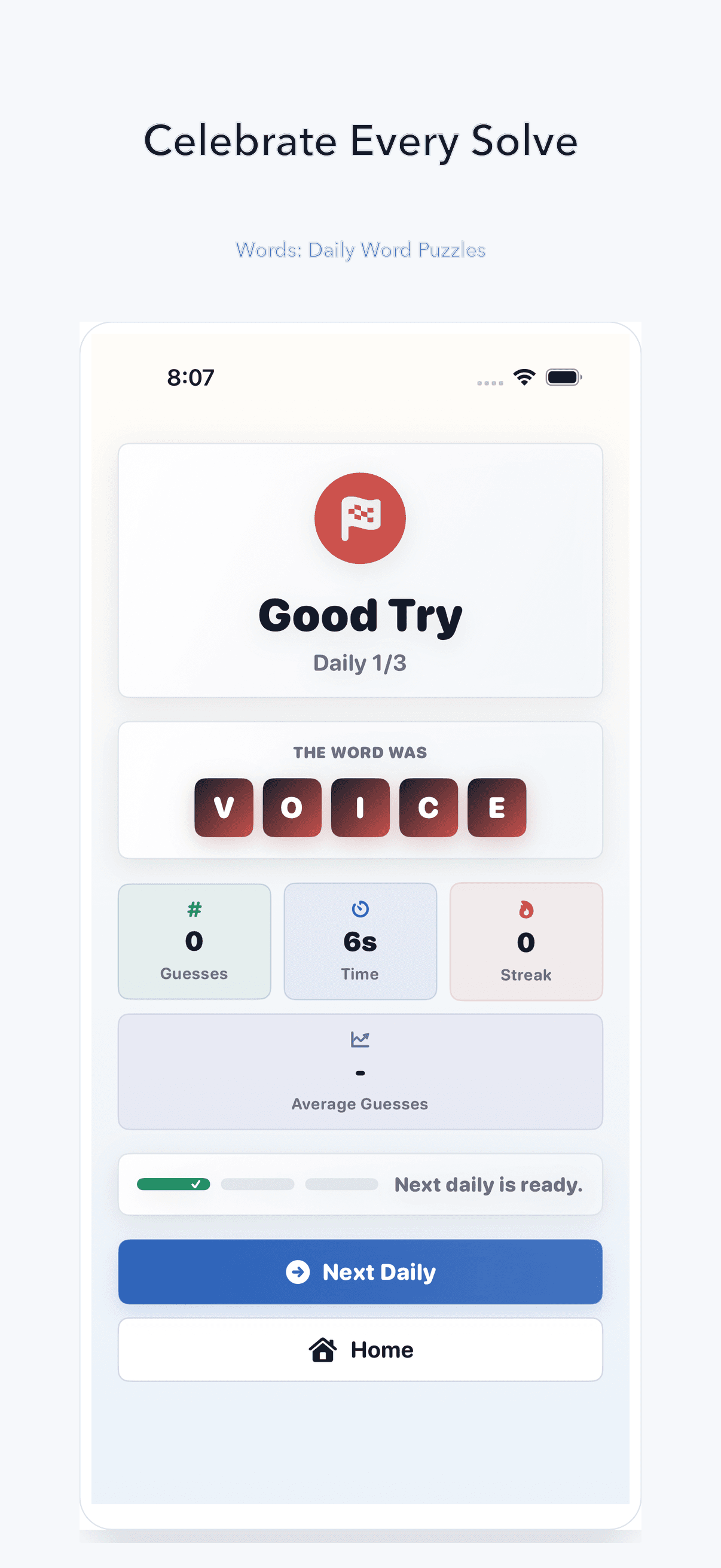 Words app solved puzzle celebration screen.