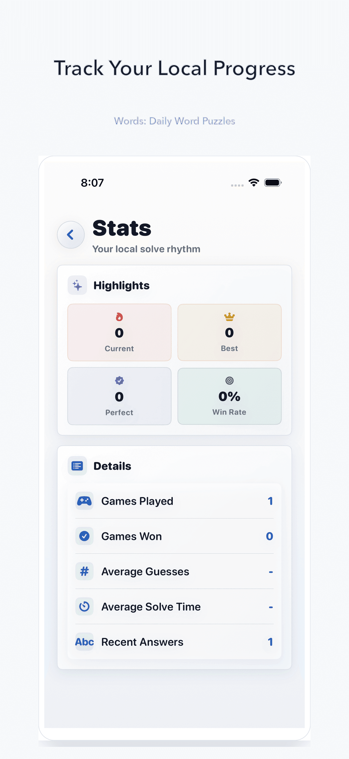 Words app stats screen showing local progress.